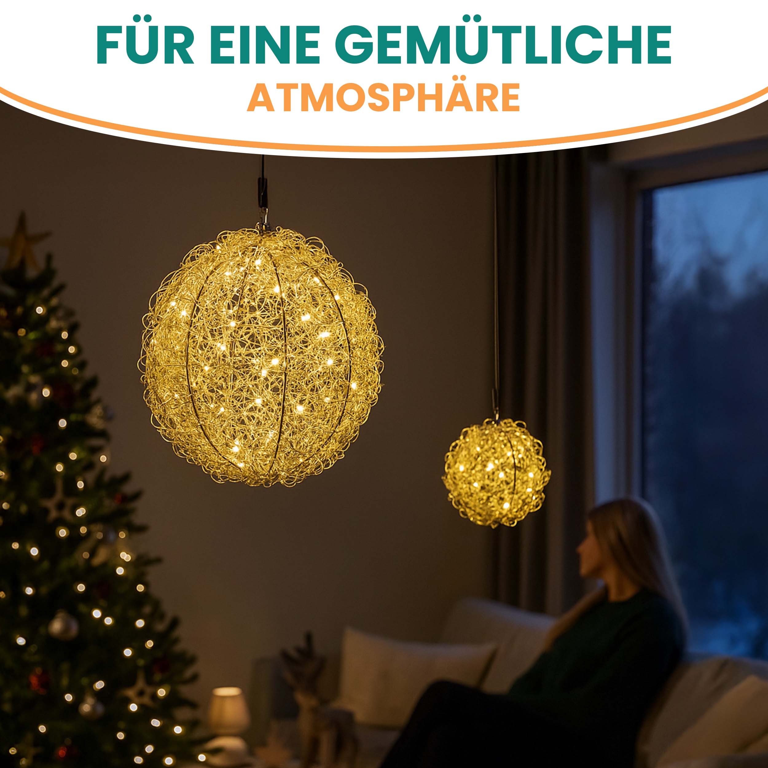 3D Drahtkugel Gold Ø 30 cm mit 80 LED warmweiß Timer-Funktion IP44