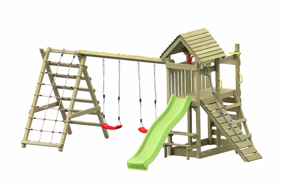 Spielturm Cris Max mit Doppelschaukel apfelgrüner Rutsche und großem Kletterbereich