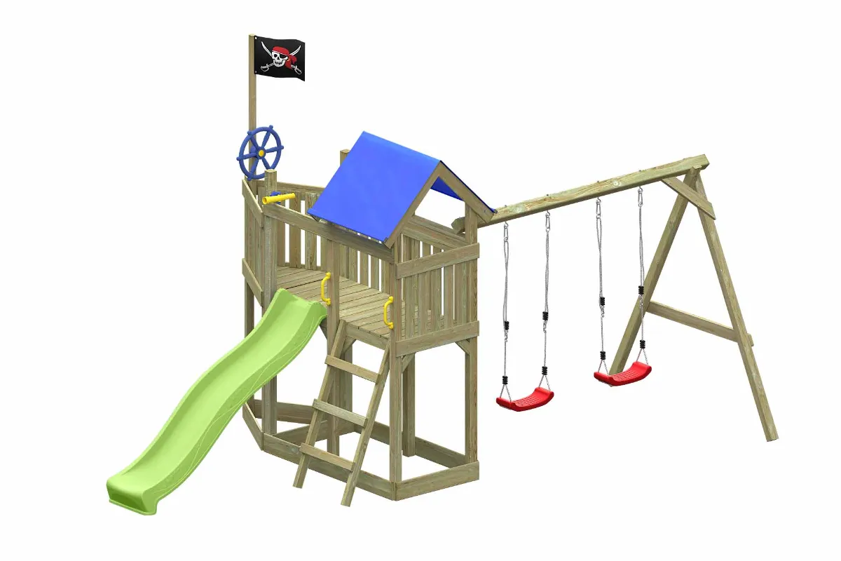 Spielturm Georg Fun mit Doppelschaukel und apfelgrüner Rutsche
