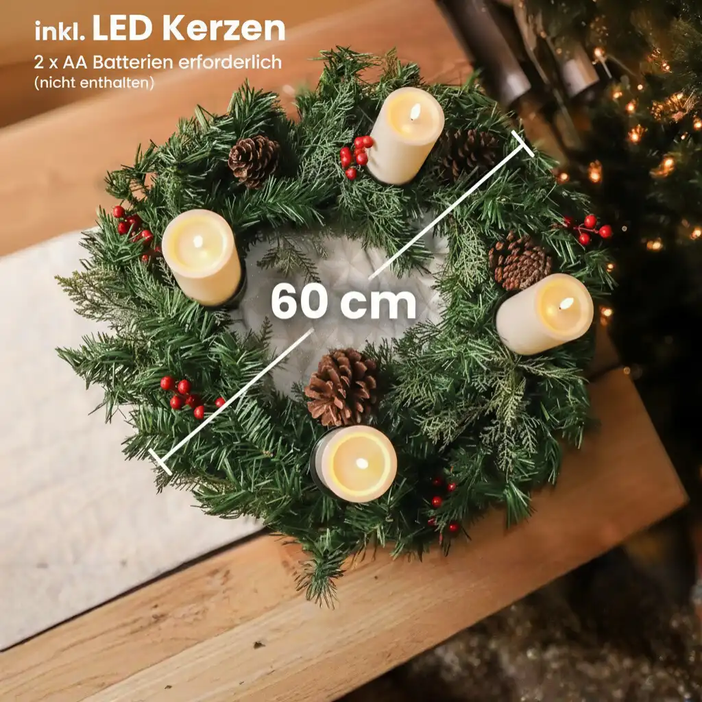 Künstlicher Adventskranz Weihnachtsdeko mit echten Zapfen und roten Beeren geschmückt