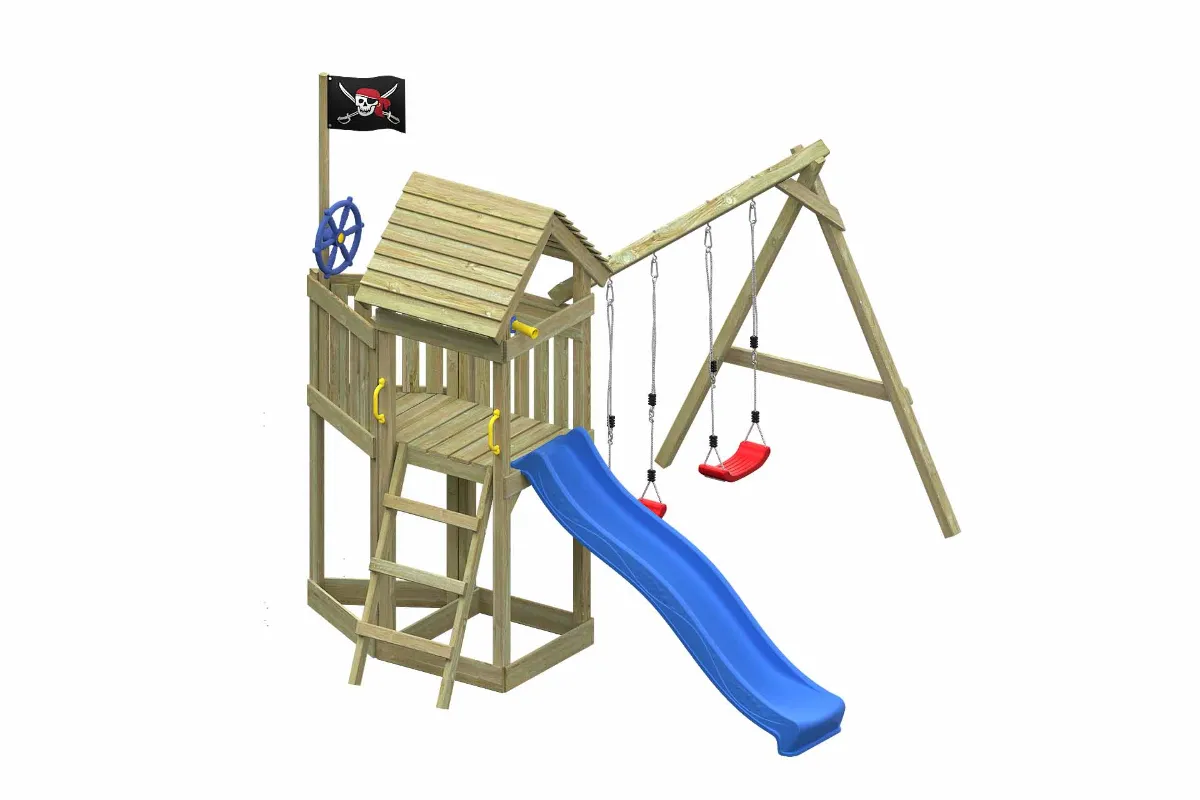 Spielturm Lina Fun mit blauer Rutsche und Doppelschaukel