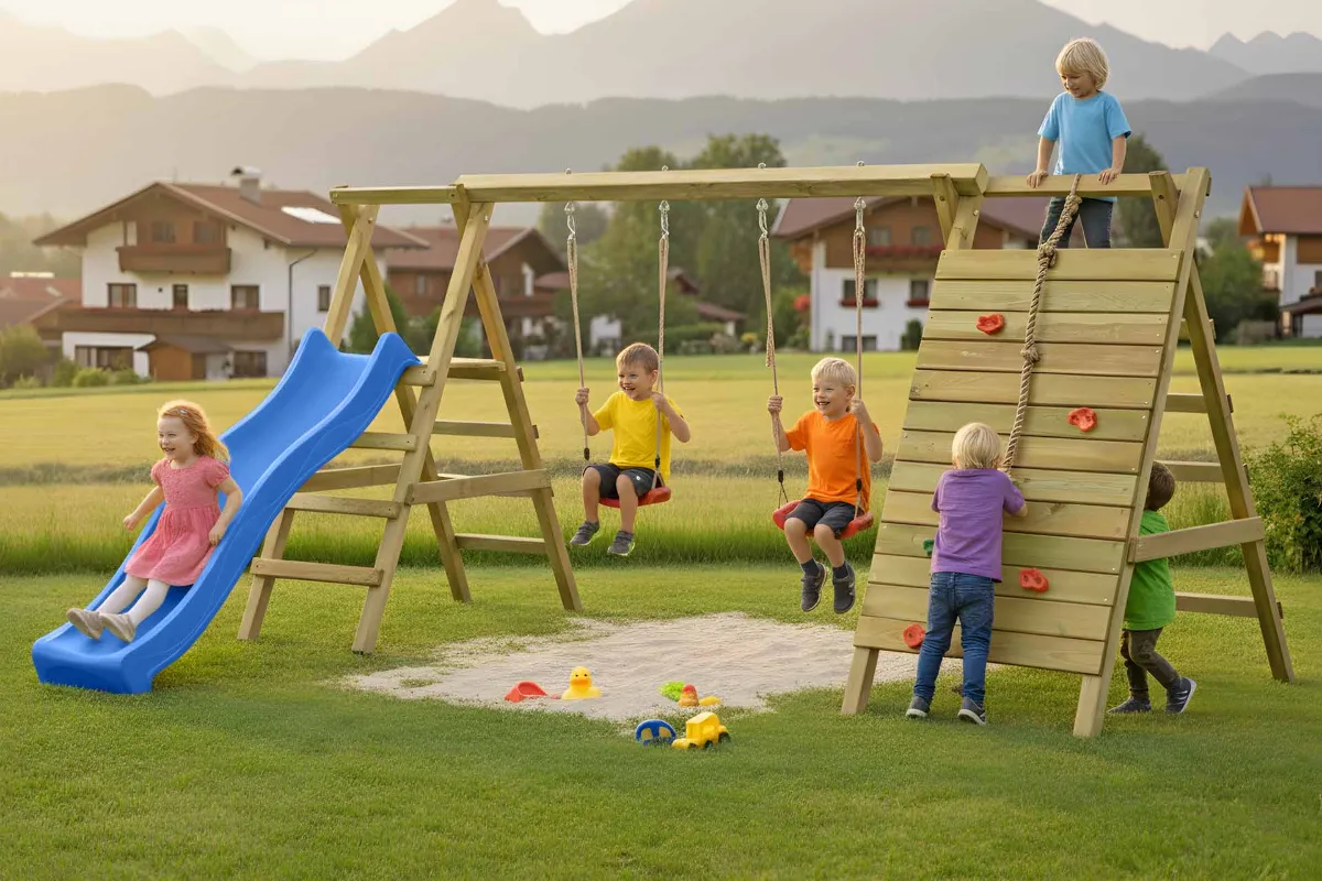 Doppelschaukel Anna mit Kletternetz Sprossenleiter und blauer Rutsche