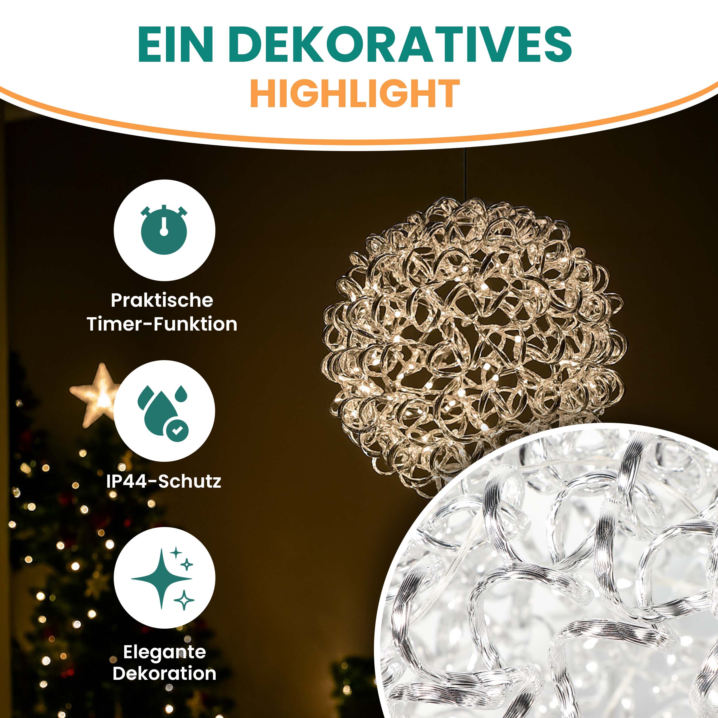 3D Drahtkugel Aluminium Ø 30 cm mit 80 LED warmweiß Timer-Funktion IP44