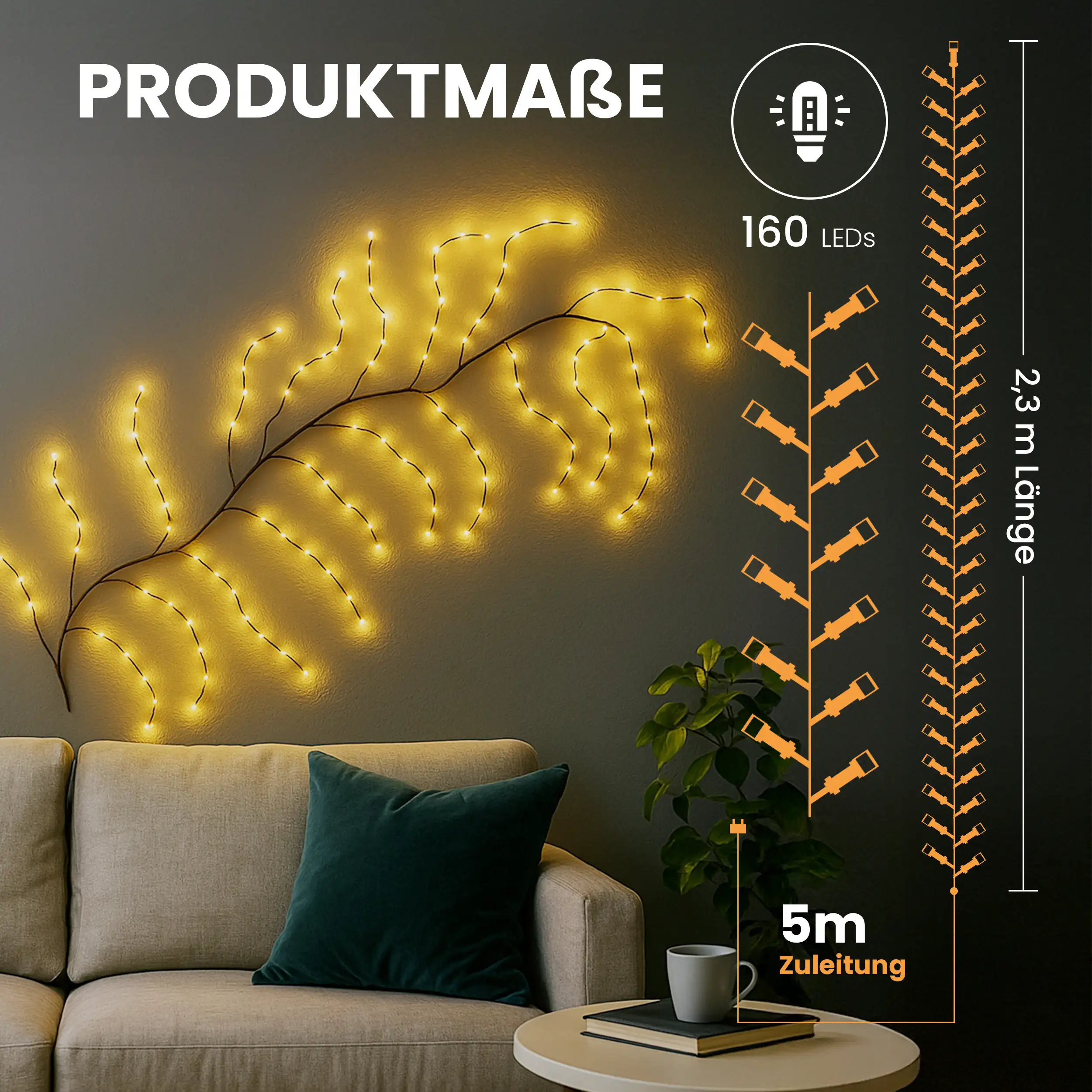 Lichterkette Ast Weidenrebe 160 LED warmweiß mit Timer Länge Wanddeko Baumzweig 230 cm Lichterkette Ast Weidenrebe 160 LED warmweiß mit Timer Länge Wanddeko Baumzweig 230 cm