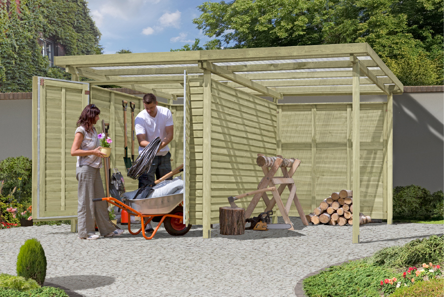 Gerätehaus Cargo Mix mit Unterstand Kiefer KDI 408 x 254 cm