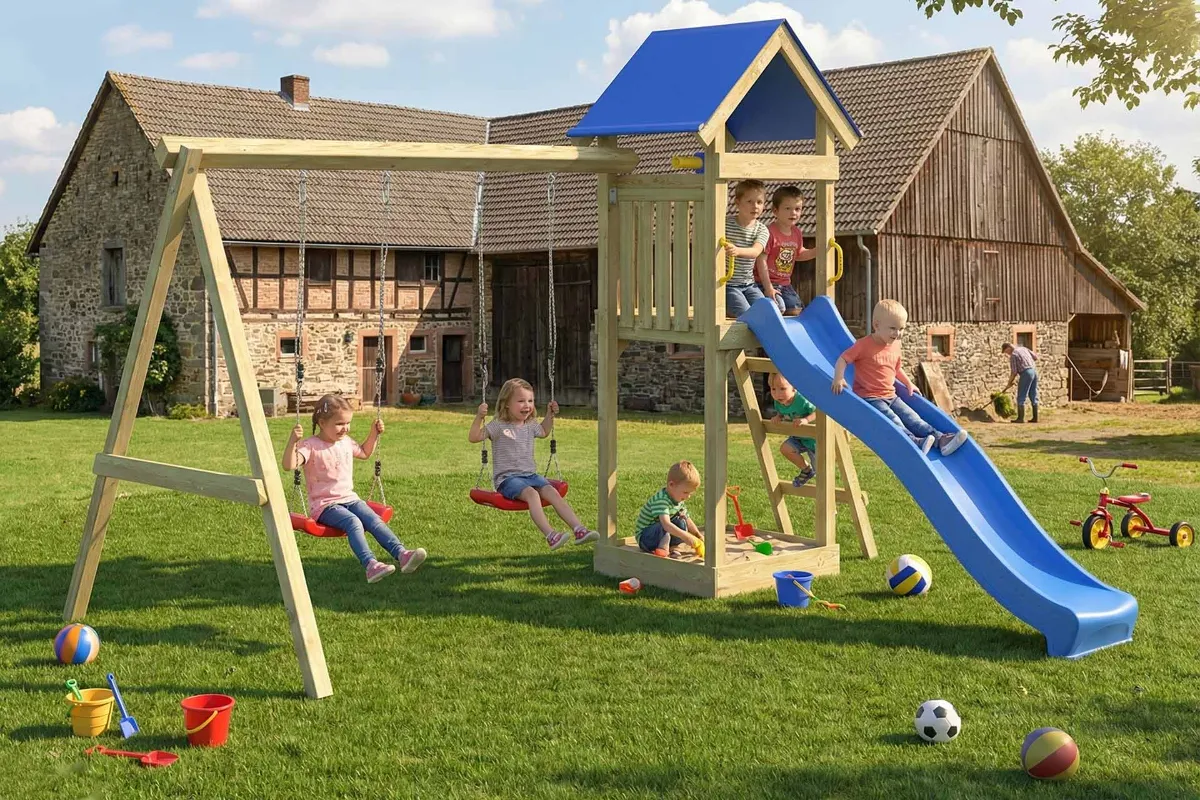 Spielturm Julia Fun mit roter Rutsche und Doppelschaukel