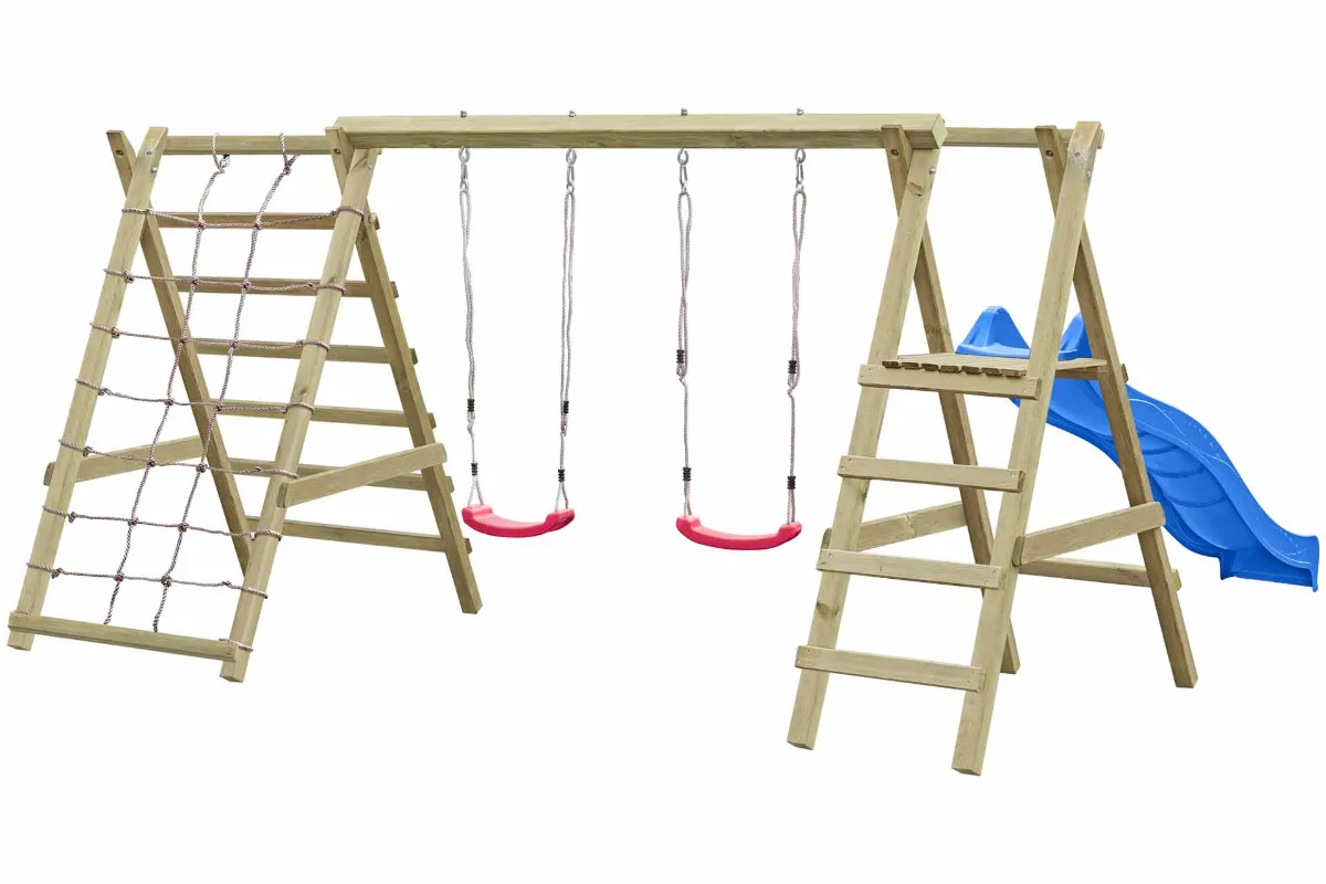 Doppelschaukel Jana mit Kletternetz Sprossenleiter und blauer Rutsche