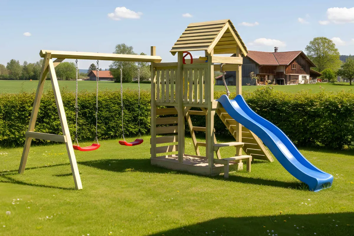 Spielturm Cris Abenteuer mit Kletterrampe Kletterwand und Doppelschaukel