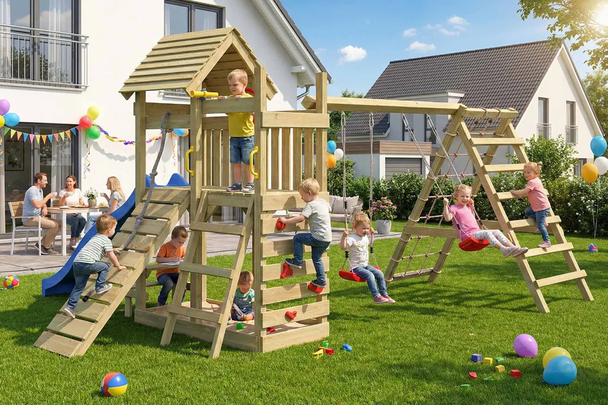 Spielturm Cris Max mit Doppelschaukel und großem Kletterbereich