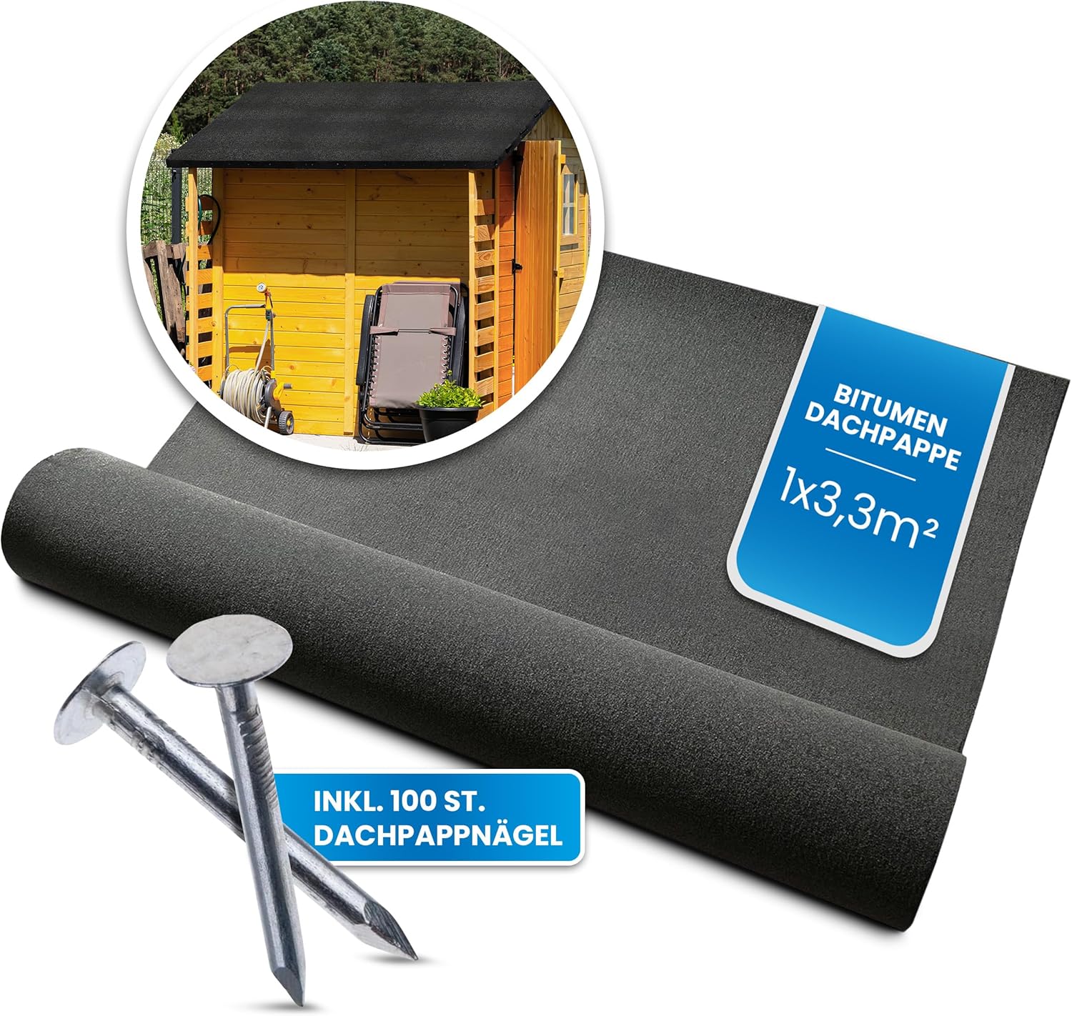 Bitumen Dachpappe schwarz Bitumenbahn zur Dacheindeckung Dachbahn inkl. 100 Stück Dachpappnägel