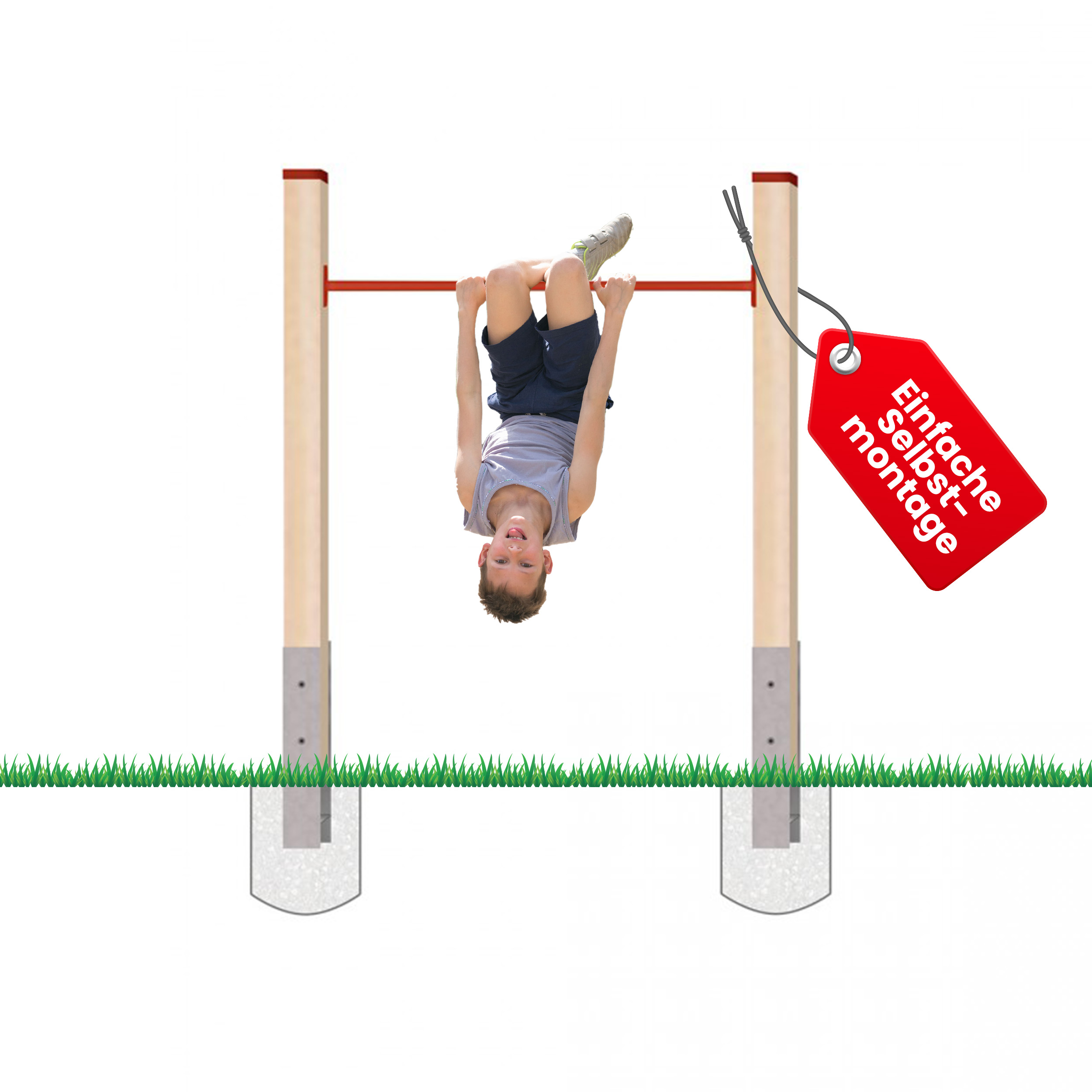 Turnreck aus Kantholz Kiefer imprägniert mit Reckstange rot und  H-Anker