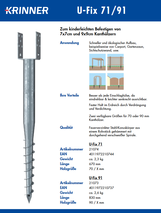 KRINNER Eindrehanker 91 mm Schraubfundament U-FIX für Pfosten 90 mm