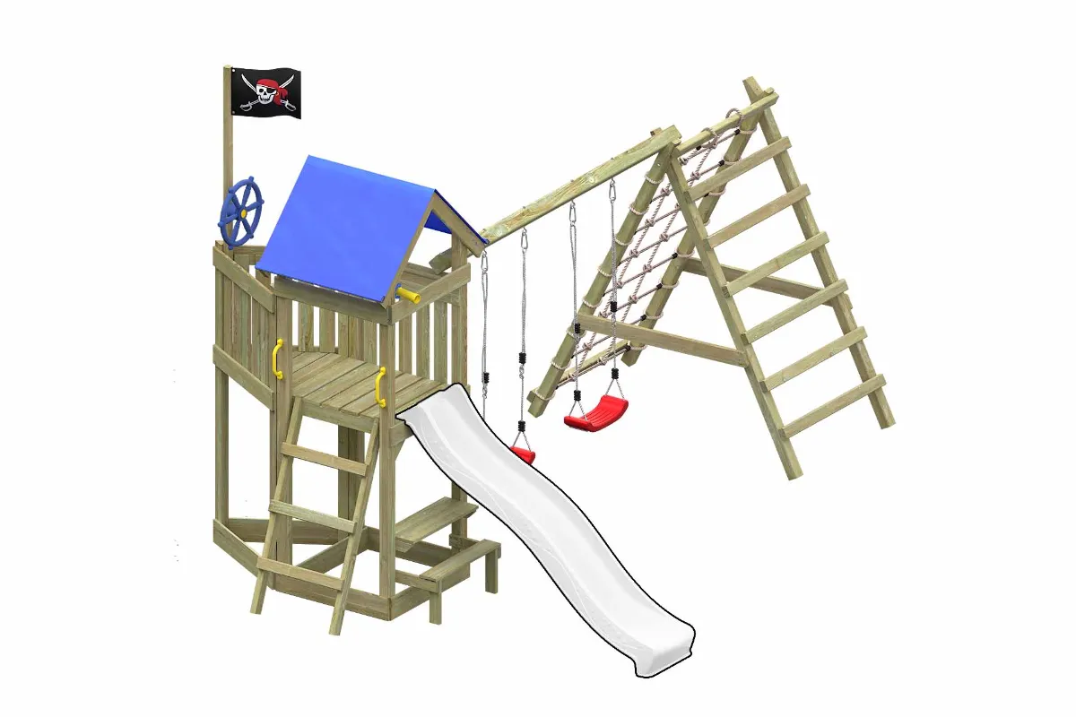 Spielturm Peter Max mit Doppelschaukel und Kletterbereich