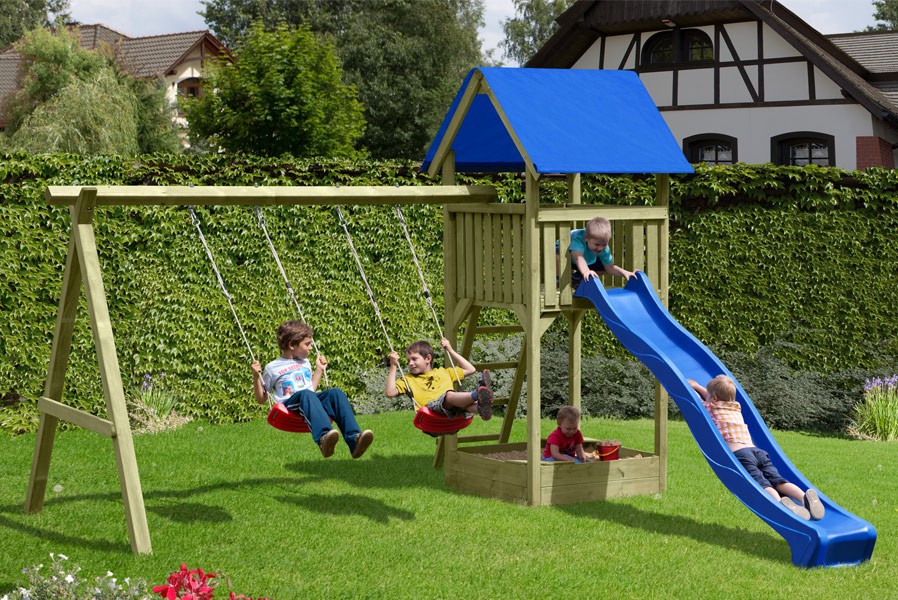 Spielturm Premium S für Kinder mit Sandkasten und Schaukel