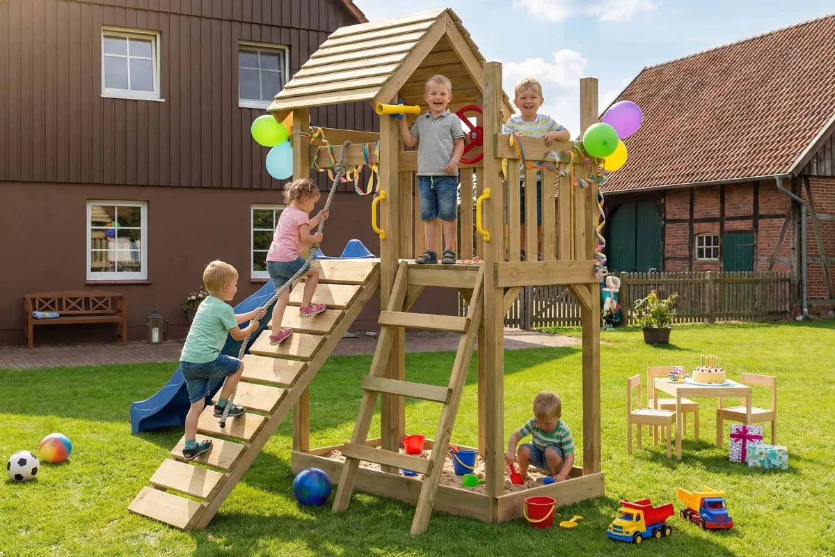 Spielturm Cris Aktiv mit Kletterrampe und Leiter