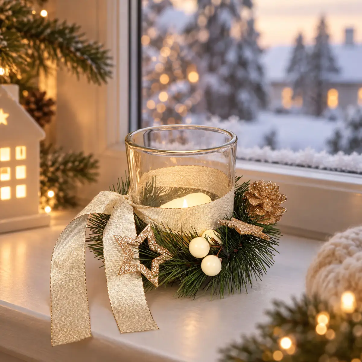 Glas-Teelichthalter mit LED-Licht und Kranz