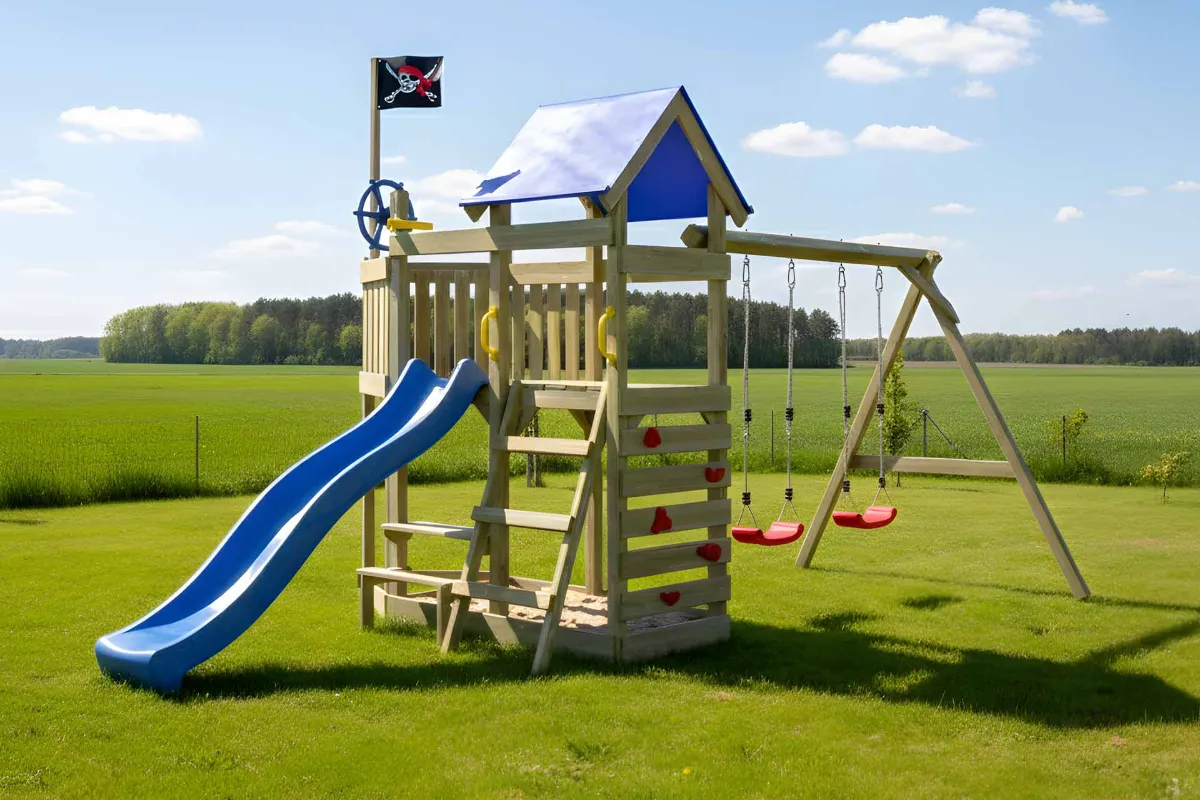 Spielturm Georg Abenteuer mit Doppelschaukel und Kletterwand