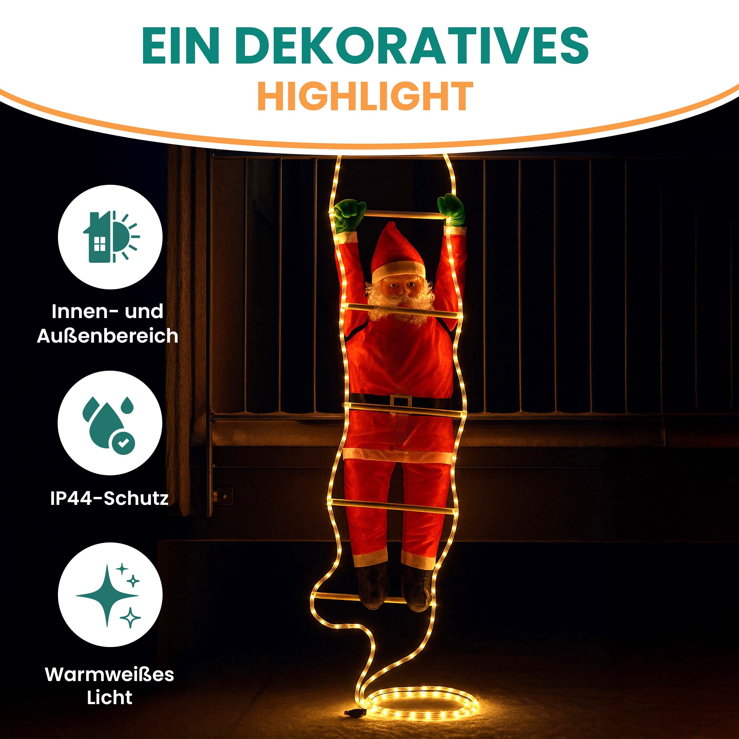 Weihnachtsmann 120/200 cm auf Leiter mit LED beleuchtet für außen