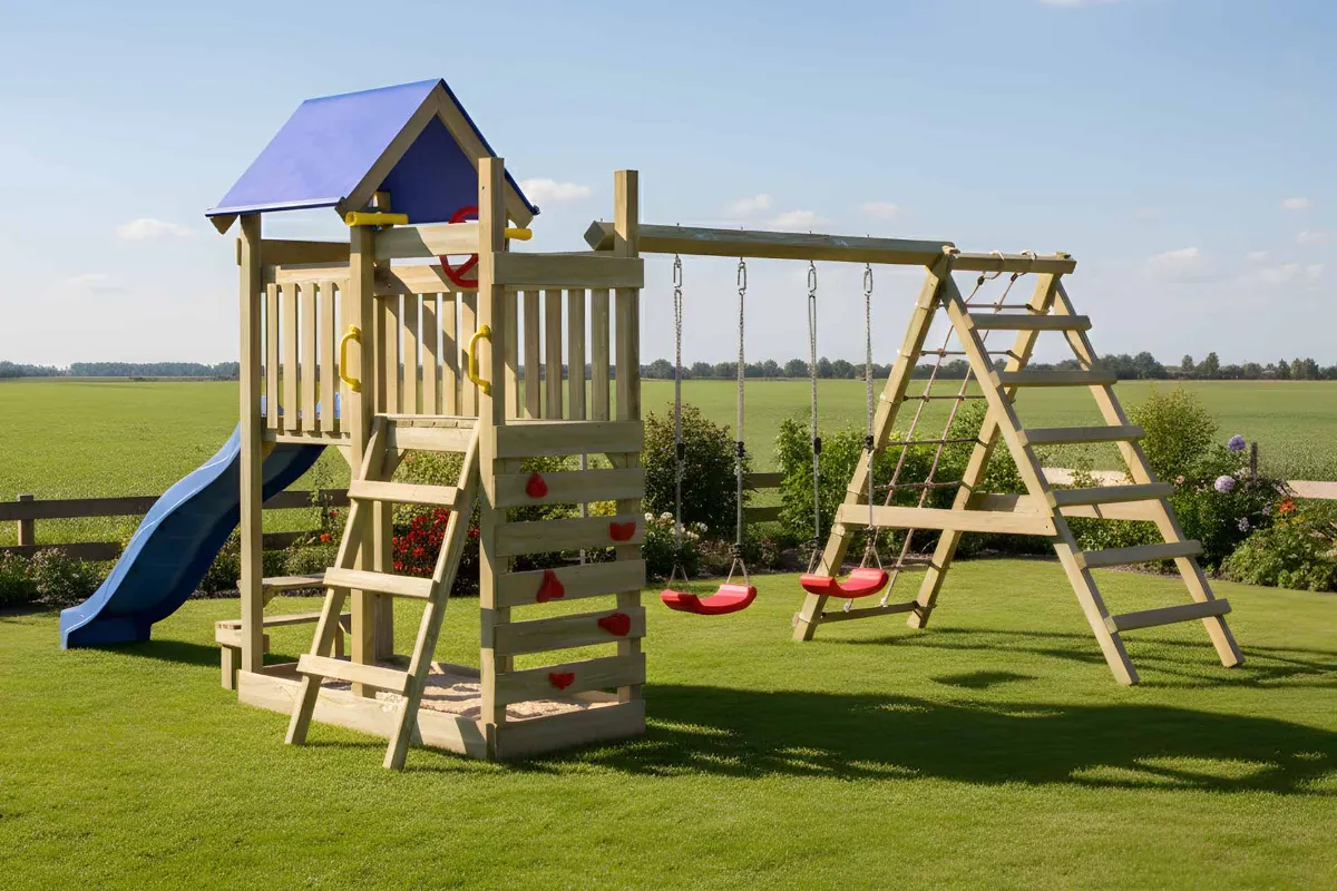 Spielturm Lucia Max mit Doppelschaukel Kletterwand und Kletternetz