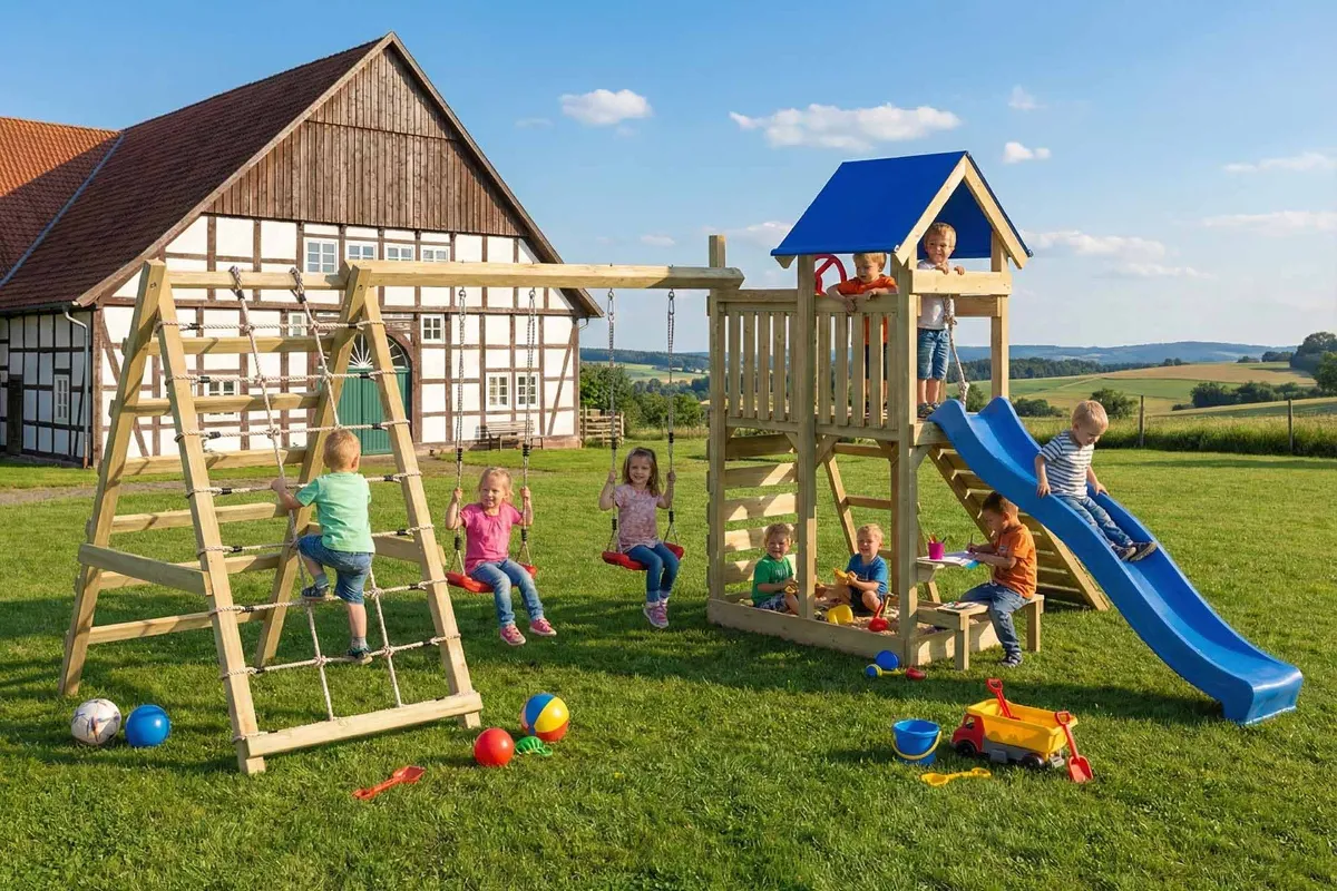 Spielturm Susi Max mit Doppelschaukel und großem Kletterbereich