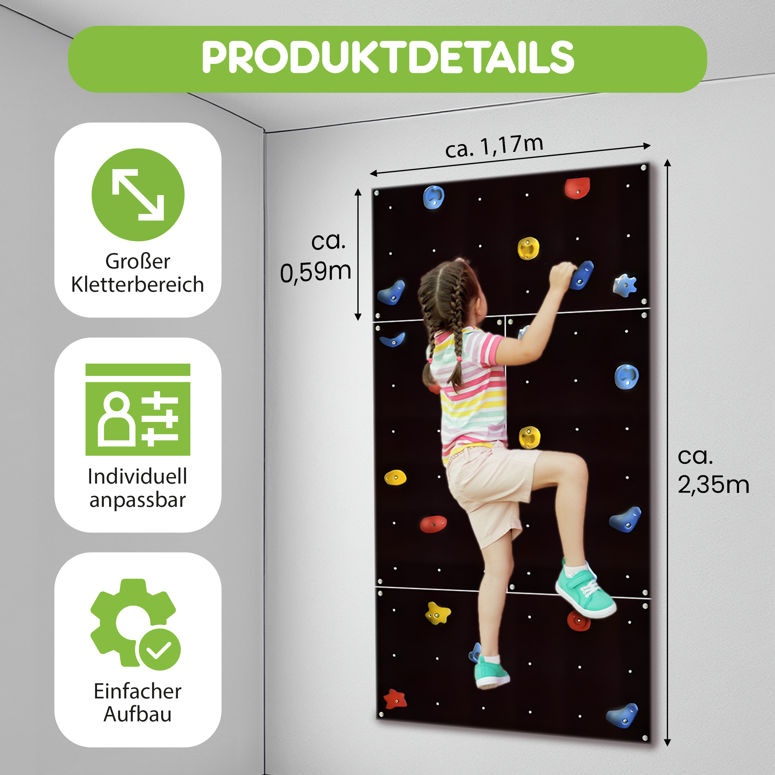 Kletterwand Outdoor mit bunten Klettersteinen und Montagematerial für Kinder und Erwachsene