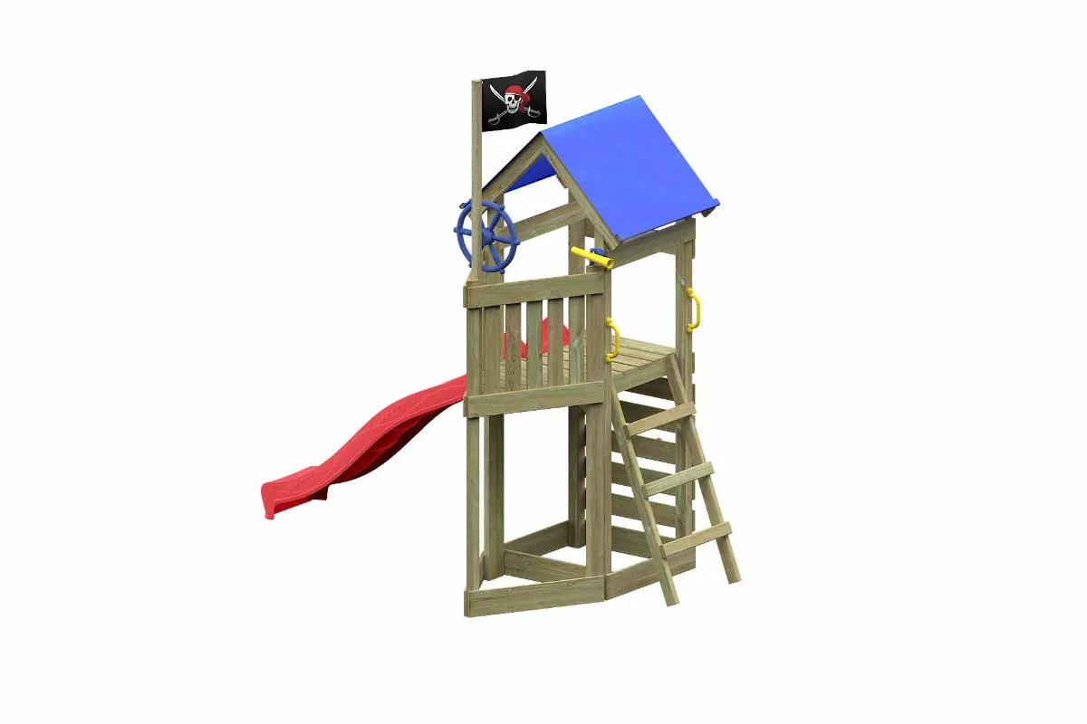 Spielturm Peter Aktiv mit roter Rutsche und Kletterwand