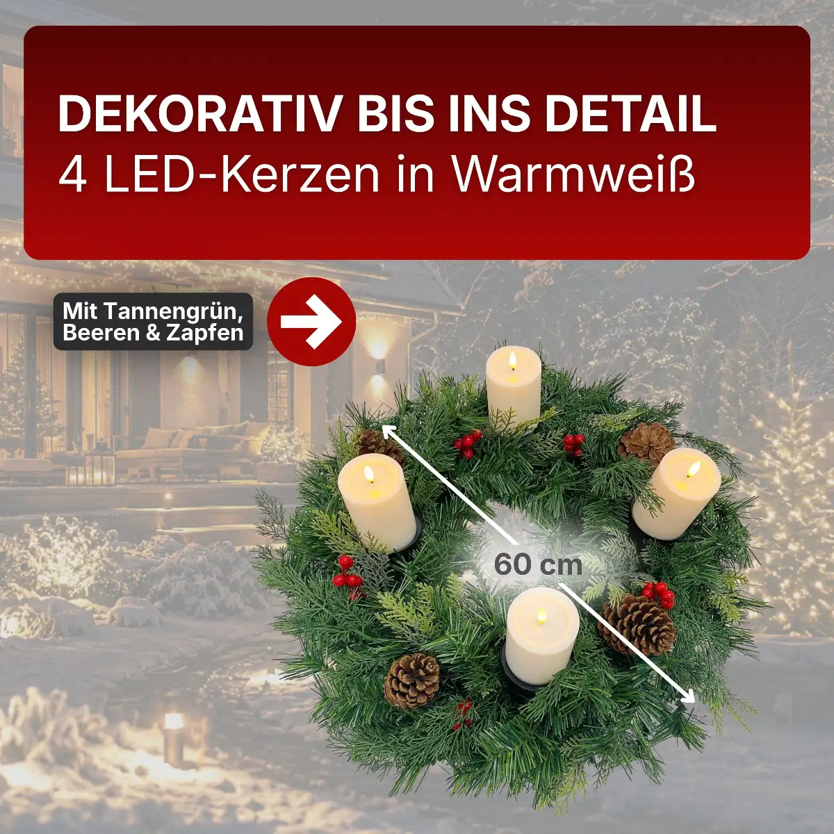 Adventskranz mit LED-Kerzen oder für klassische Kerzen – festlich & langlebig