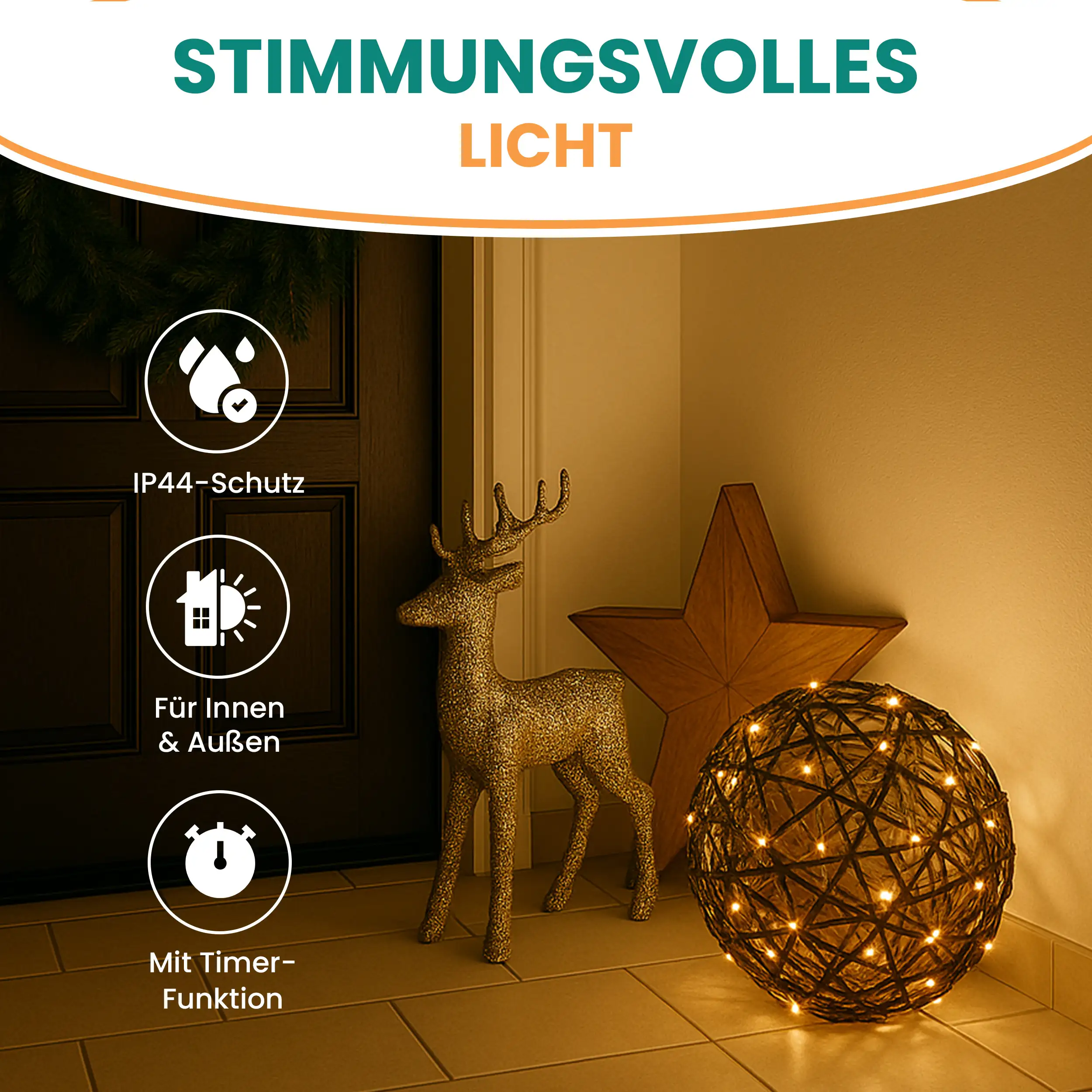 Batterie-Rattankugel aus Kunststoff mit warmweißen LED und Timer-Funktion