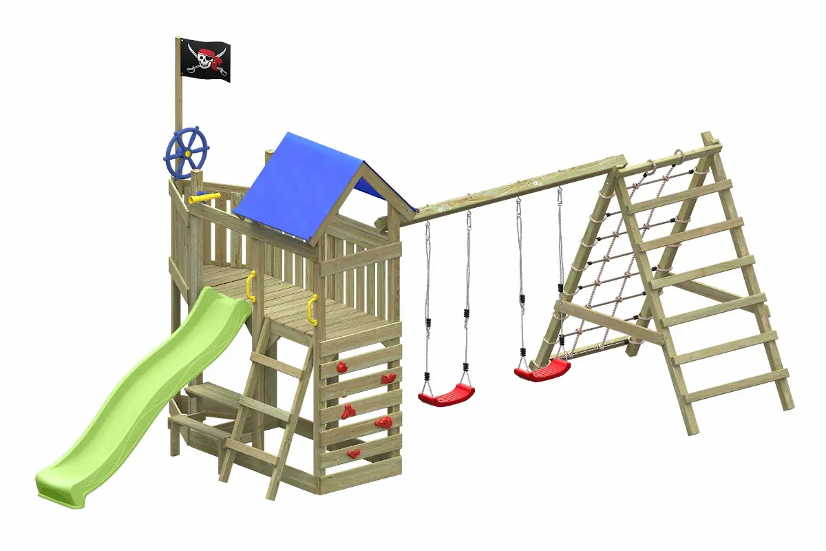 Spielturm Georg Max mit apfelgrüner Rutsche Kletternetz Kletterwand und Doppelschaukel