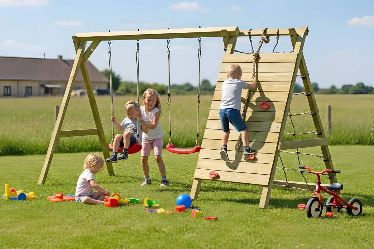 Doppelschaukel Basti mit Kletterwand und Kletternetz