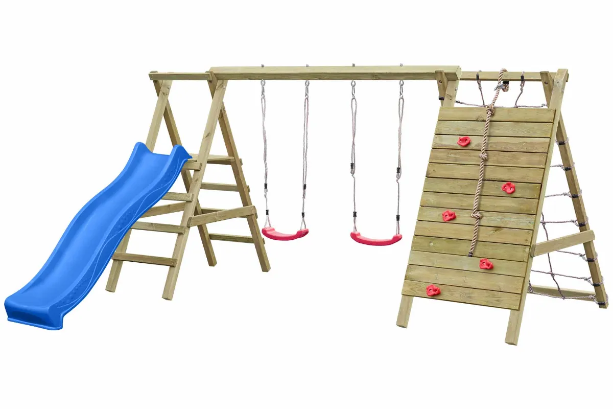 Doppelschaukel Sarah mit Kletternetz Kletterwand und blauer Rutsche
