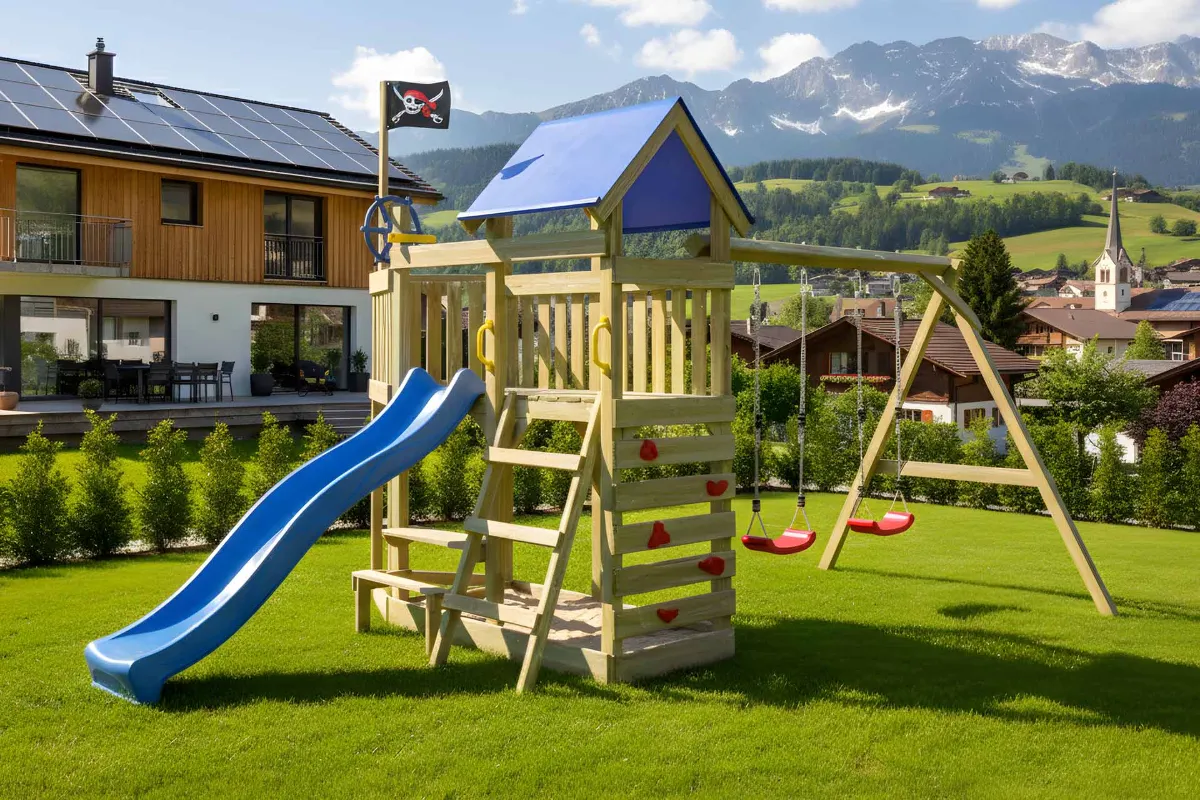 Spielturm Georg Abenteuer mit Doppelschaukel und Kletterwand