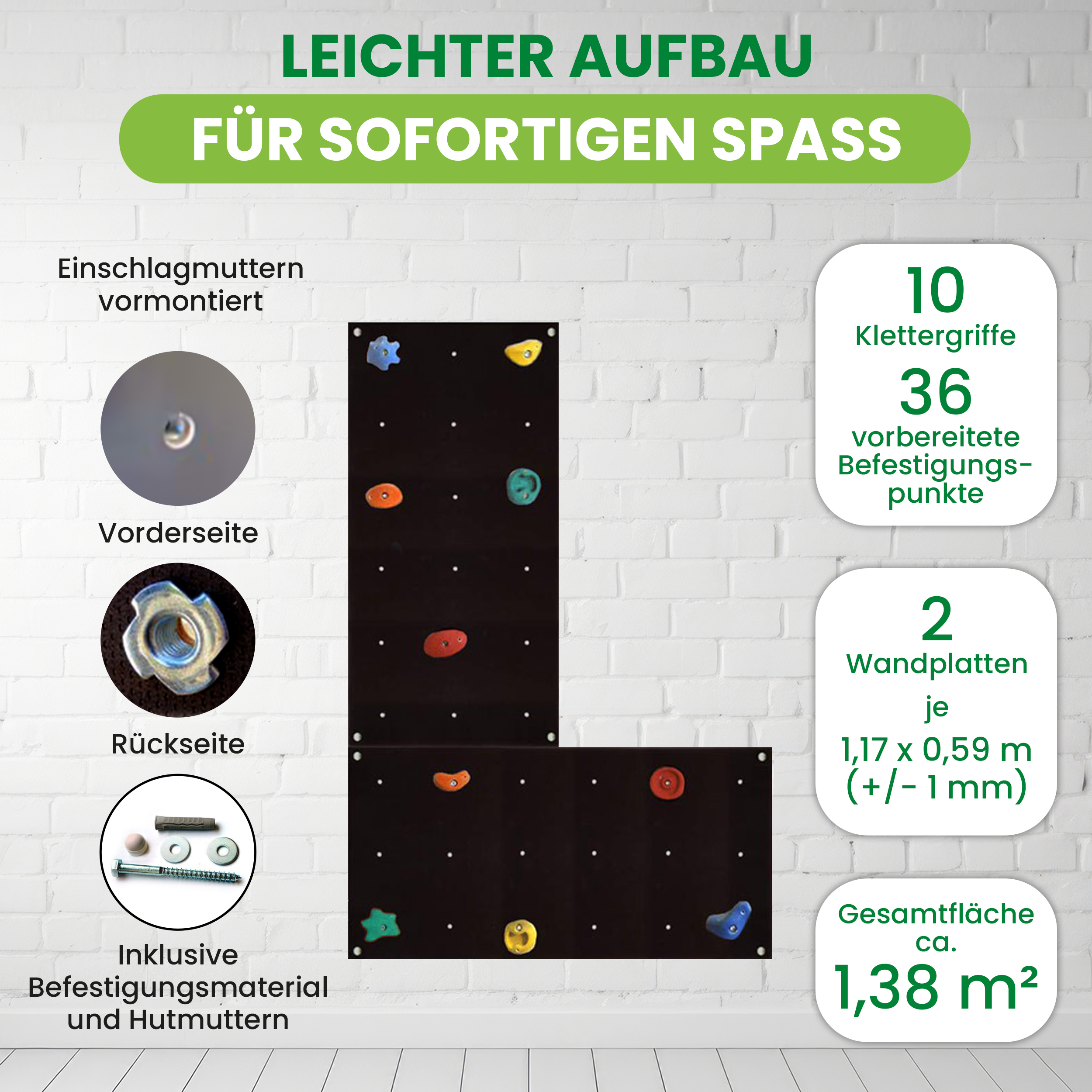 Kletterwand Outdoor mit bunten Klettersteinen und Montagematerial für Kinder und Erwachsene