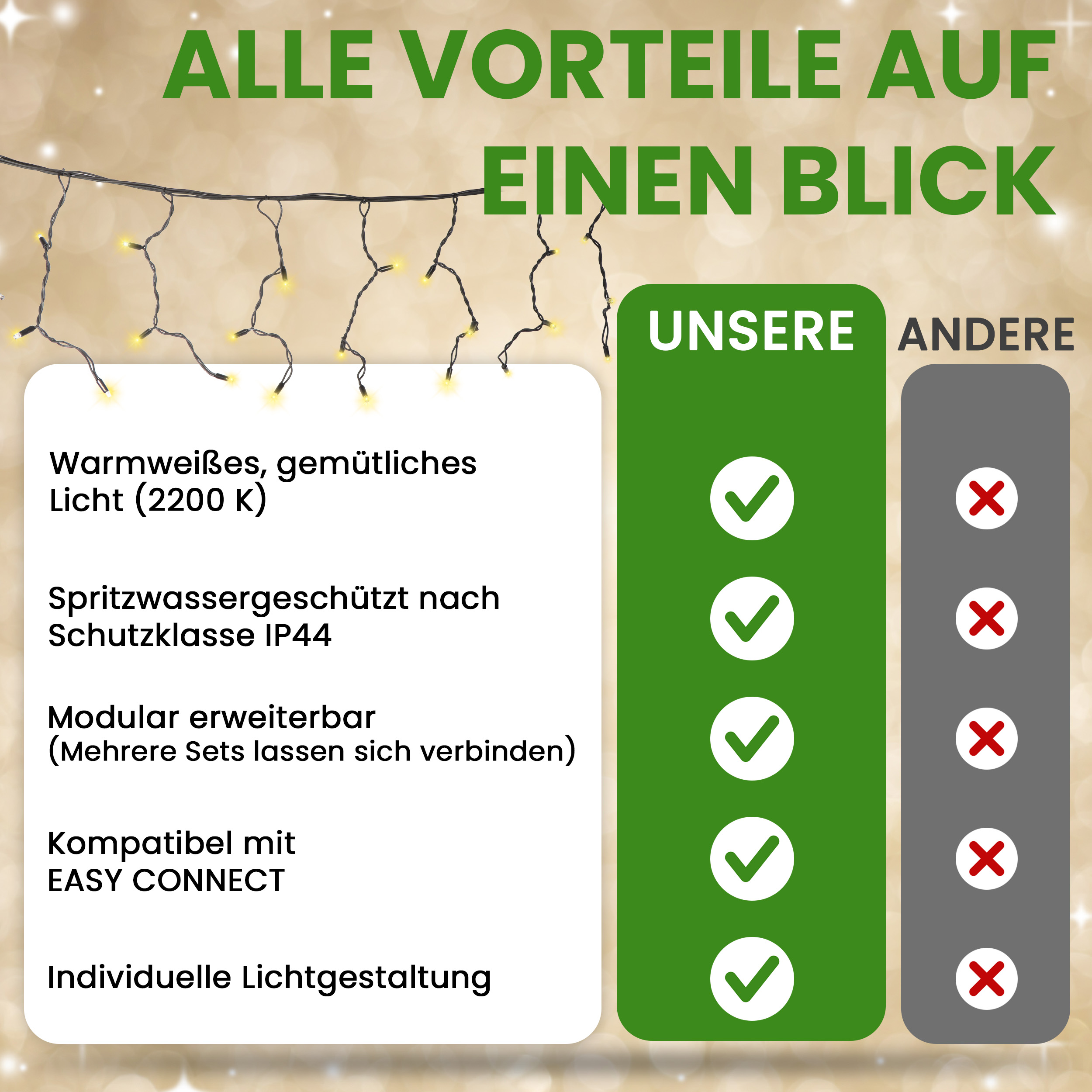 PRO CONNECT Eisregen-Lichterkette 3 m 60 LED warmweiß - IP44 für innen & außen