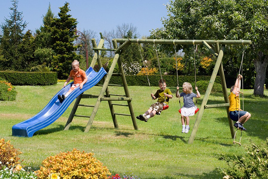 B-Ware Classic Schaukelgestell 430x190x220 cm Kiefer KDI Doppelschaukel mit Kletterseil Podest und Rutsche 290 cm blau