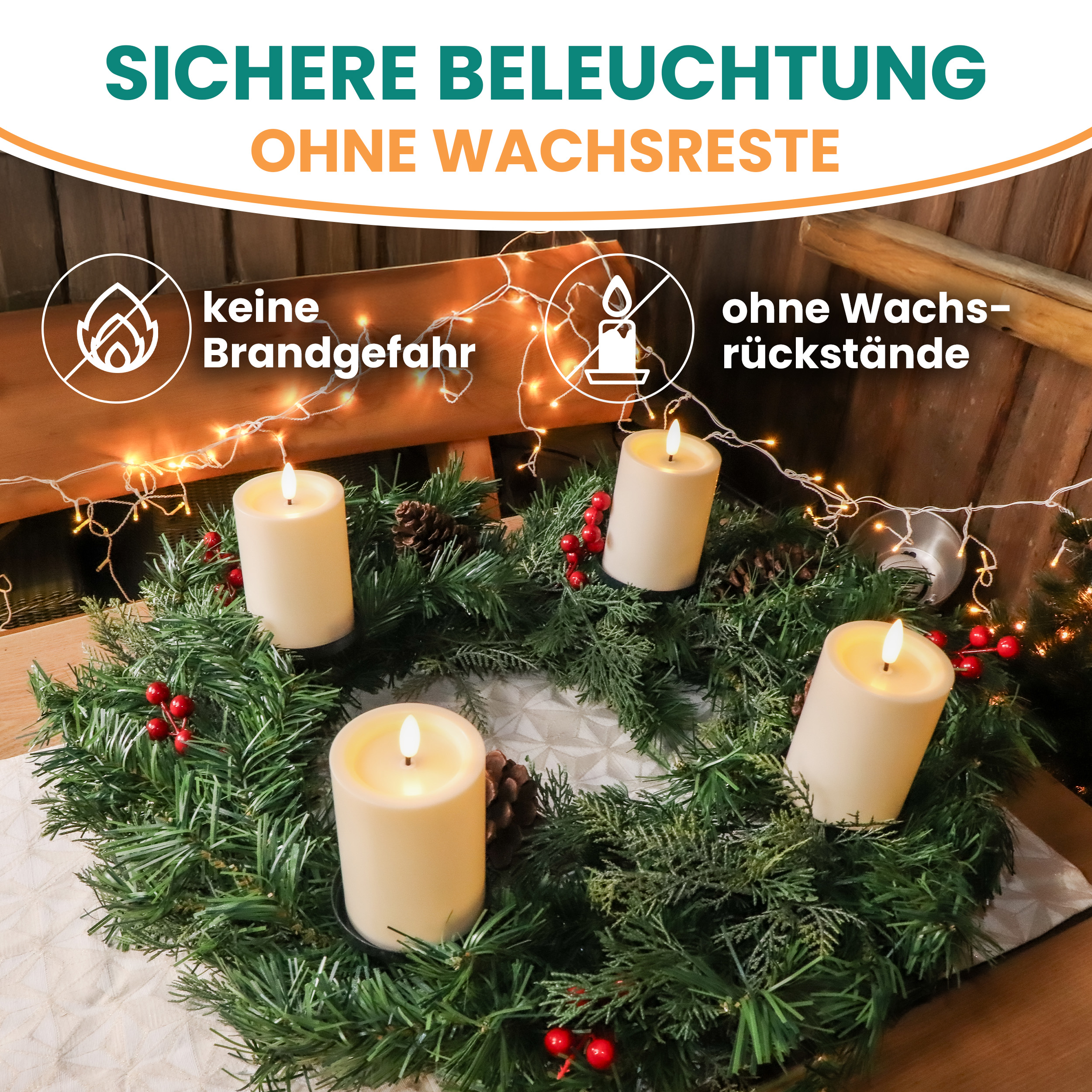 Künstlicher Adventskranz Weihnachtsdeko mit echten Zapfen und roten Beeren geschmückt