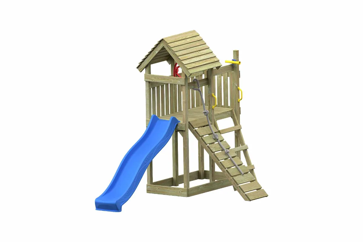 Spielturm Cris Aktiv mit Kletterrampe und blauer Rutsche