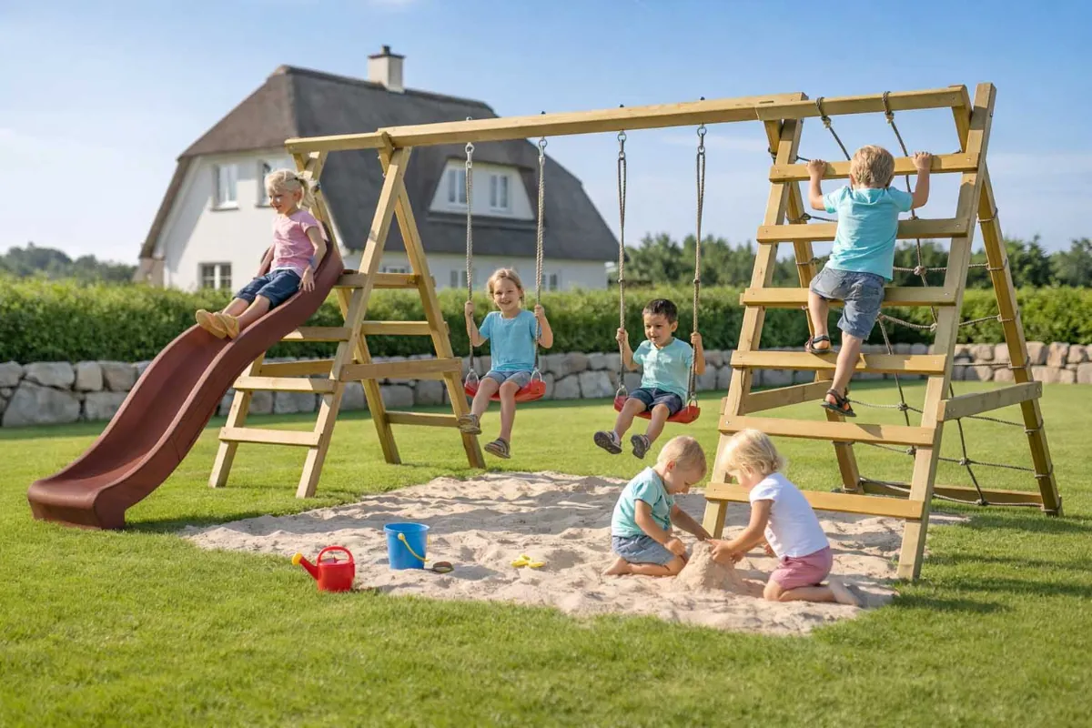 Gartenpirat Doppelschaukel Jana mit Kletternetz Sprossenleiter und  brauner Rutsche
