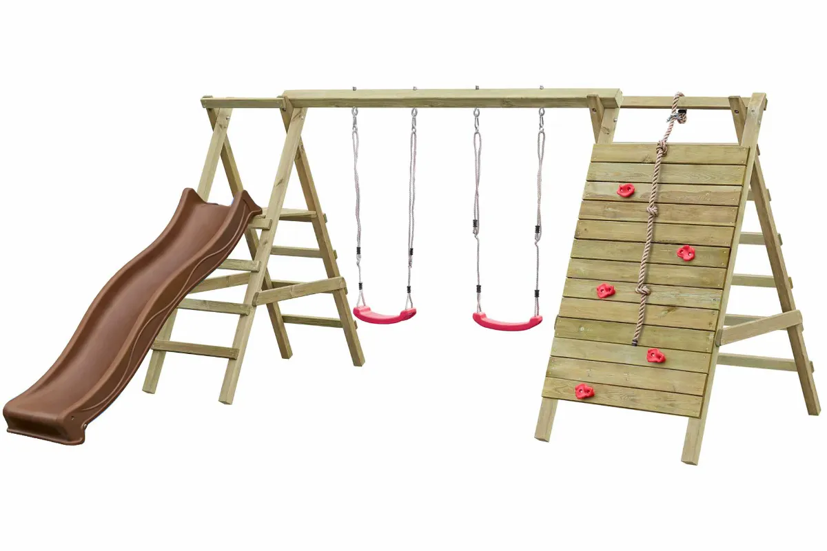 Gartenpirat Doppelschaukel Anna mit Kletternetz Sprossenleiter und brauner Rutsche