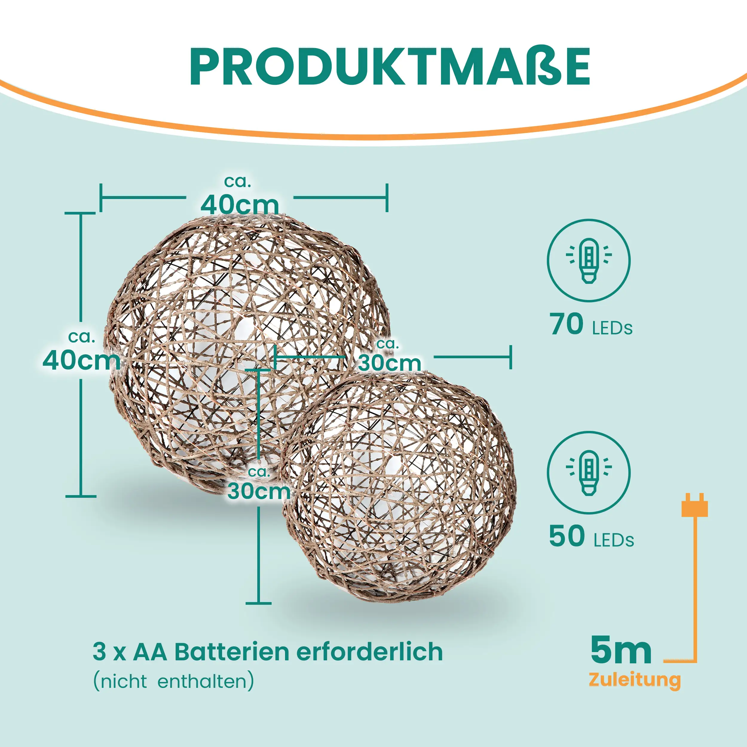 Batterie-Rattankugel aus Kunststoff mit warmweißen LED und Timer-Funktion