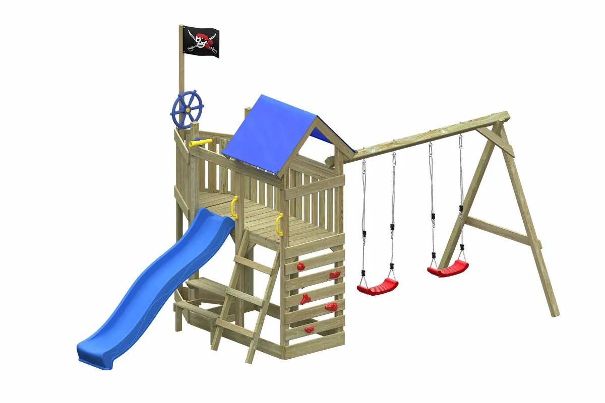 Spielturm Georg Abenteuer mit blauer Rutsche Doppelschaukel und Kletterwand