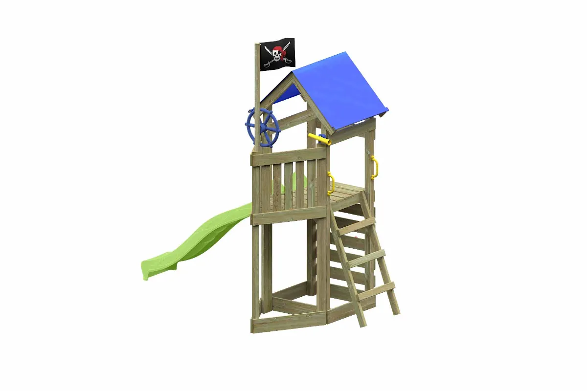 Spielturm Peter Aktiv mit apfelgrüner Rutsche und Kletterwand