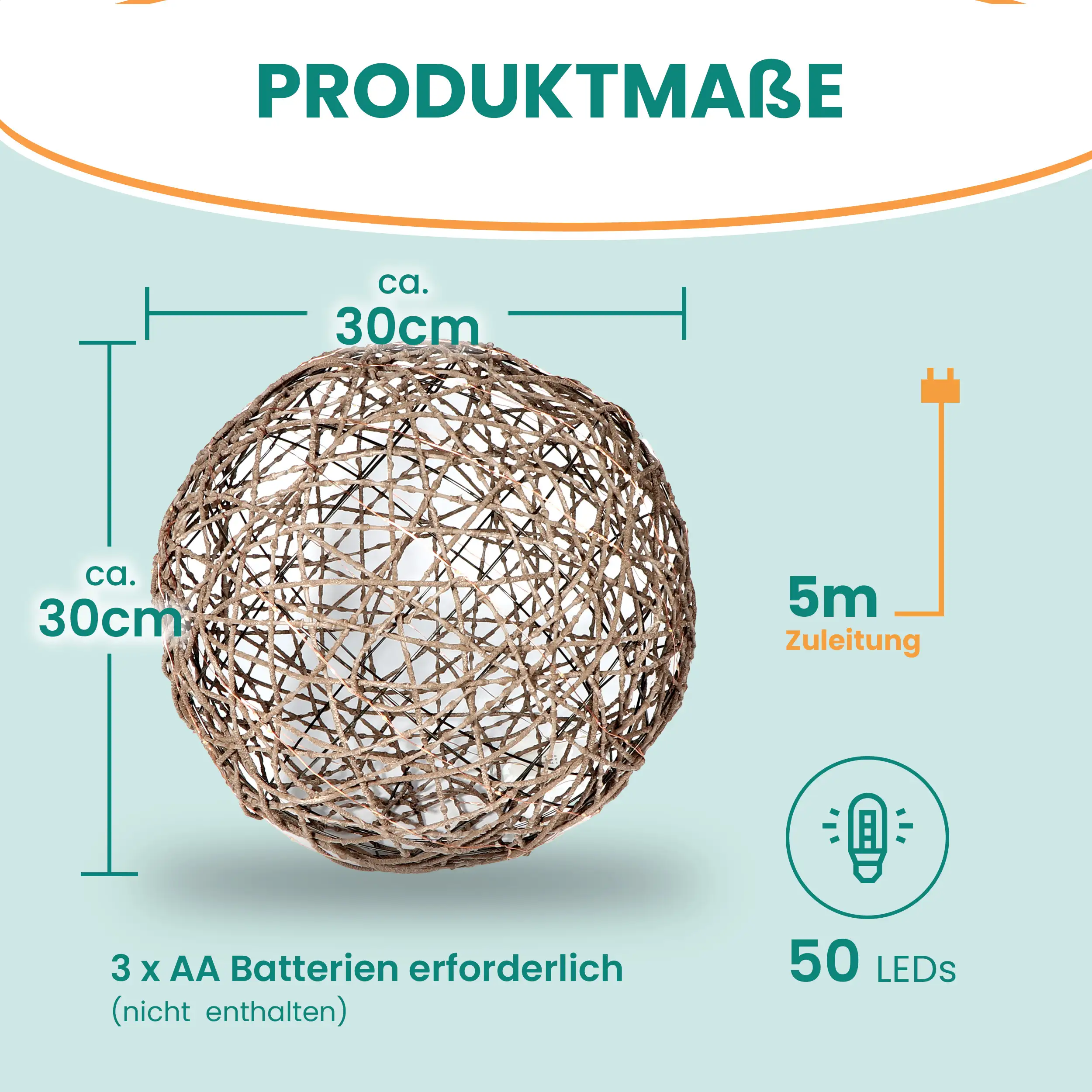 Batterie-Rattankugel aus Kunststoff mit warmweißen LED und Timer-Funktion