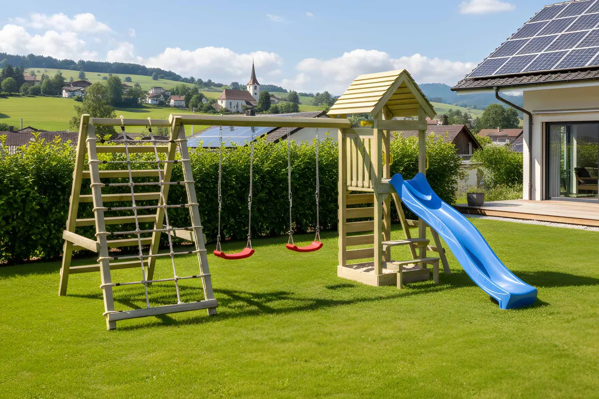Spielturm Thomas Max mit Doppelschaukel Kletterwand und Kletternetz