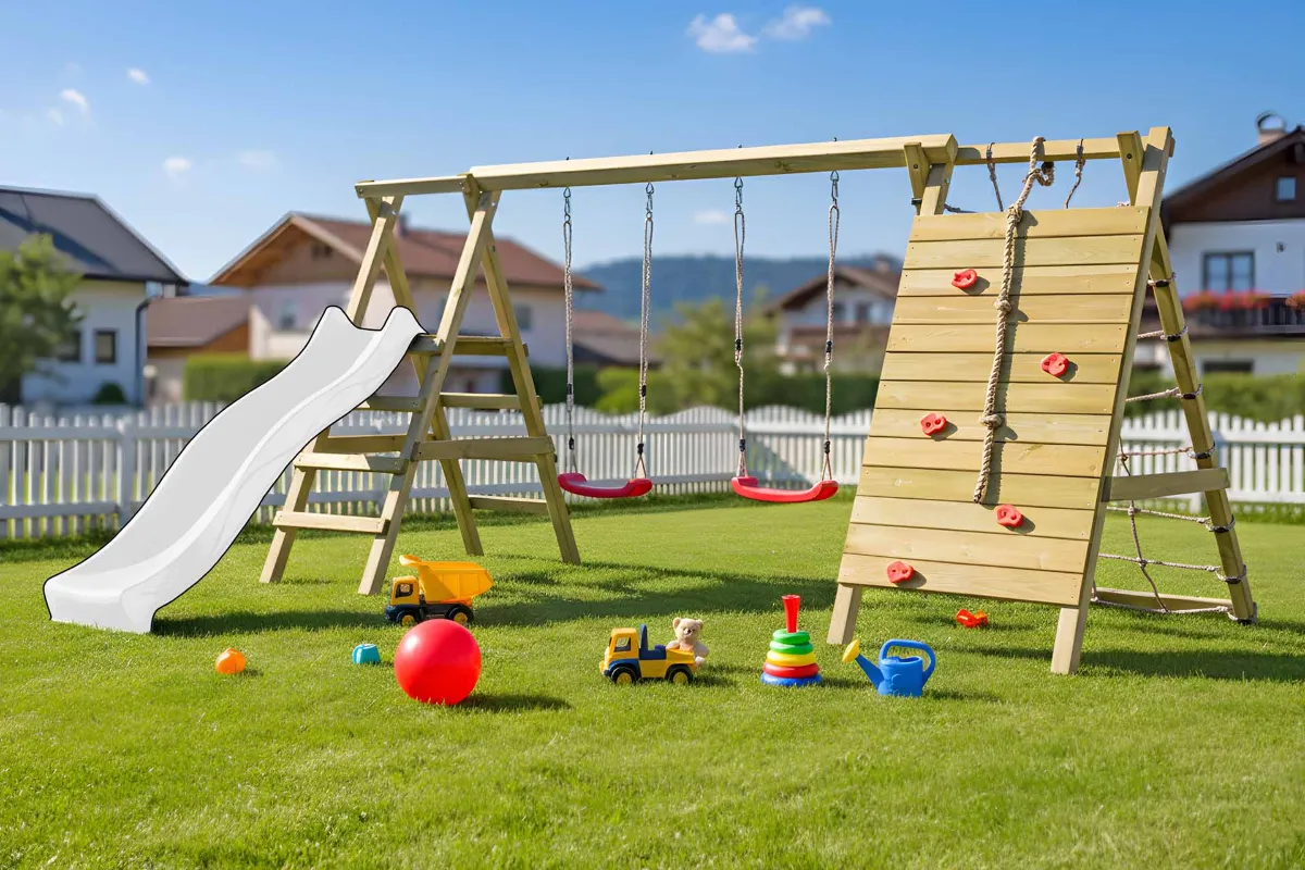 Gartenpirat Doppelschaukel Sarah mit Kletternetz Kletterwand und Rutsche