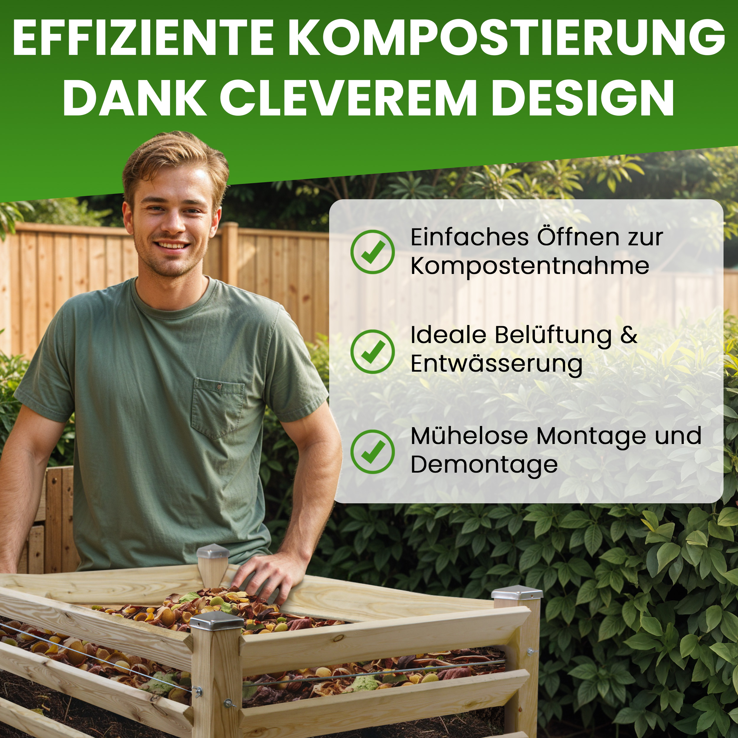 Moderner Komposter Single 80x80xH80 cm aus Lärchenholz Massivholz Steckkomposter Kompostsilo Holzkomposter