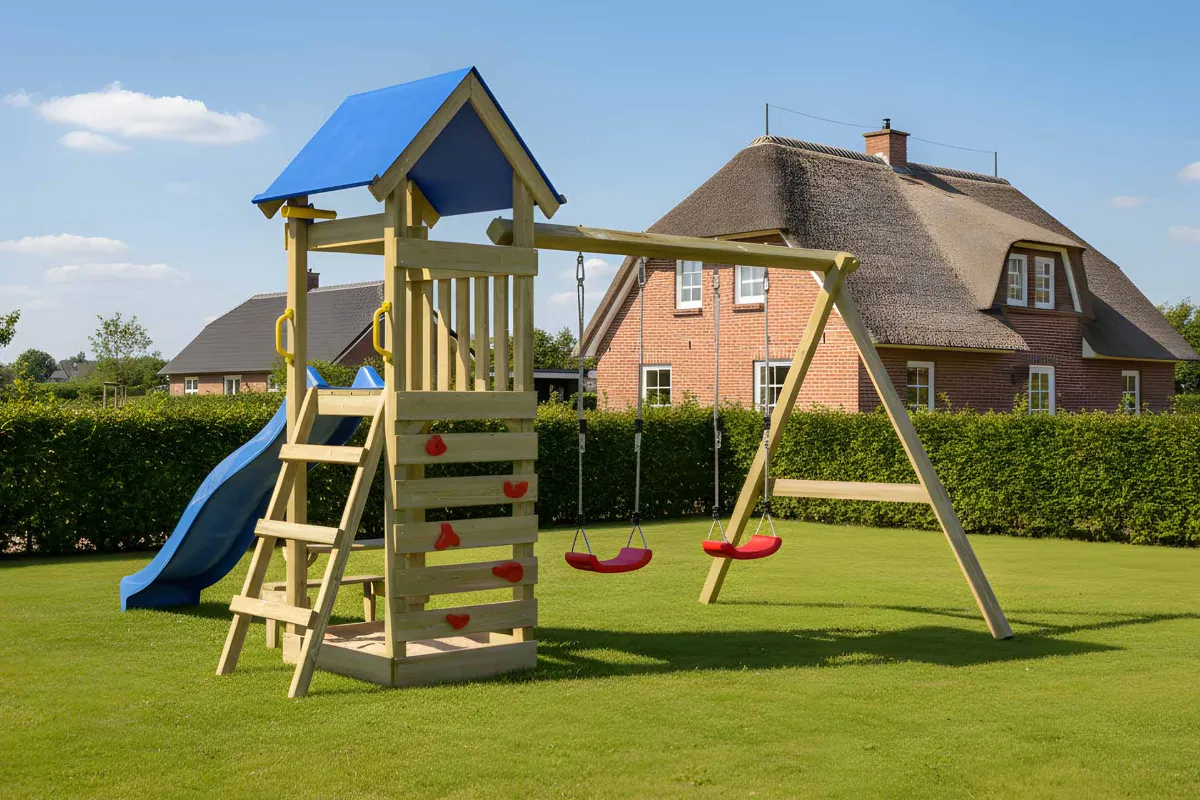 Spielturm Julia Abenteuer mit Doppelschaukel Kletterwand und roter Rutsche