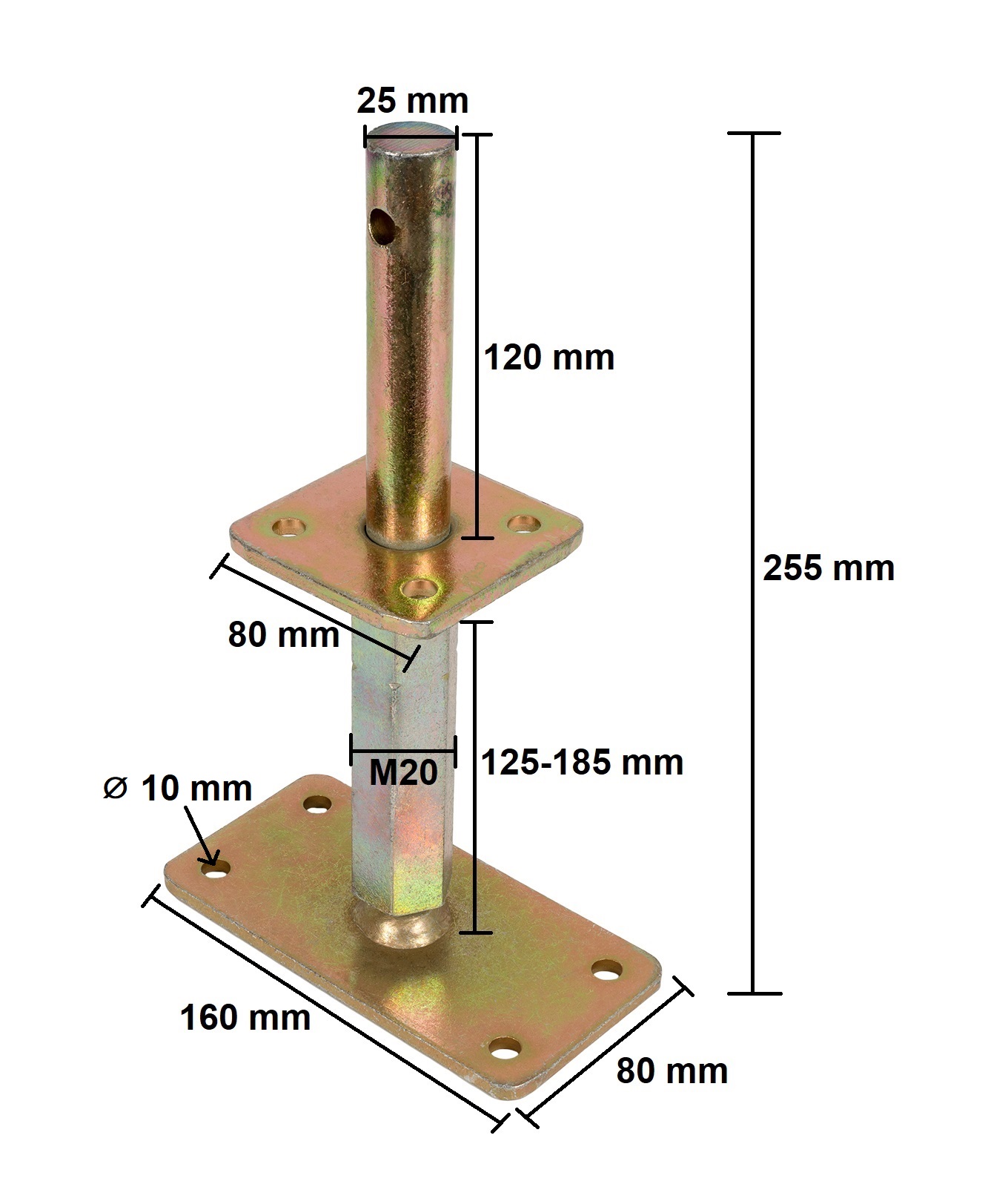 T-Pfostenträger zum Aufschrauben mit Dorn höhenverstellbar 140-200 mm
