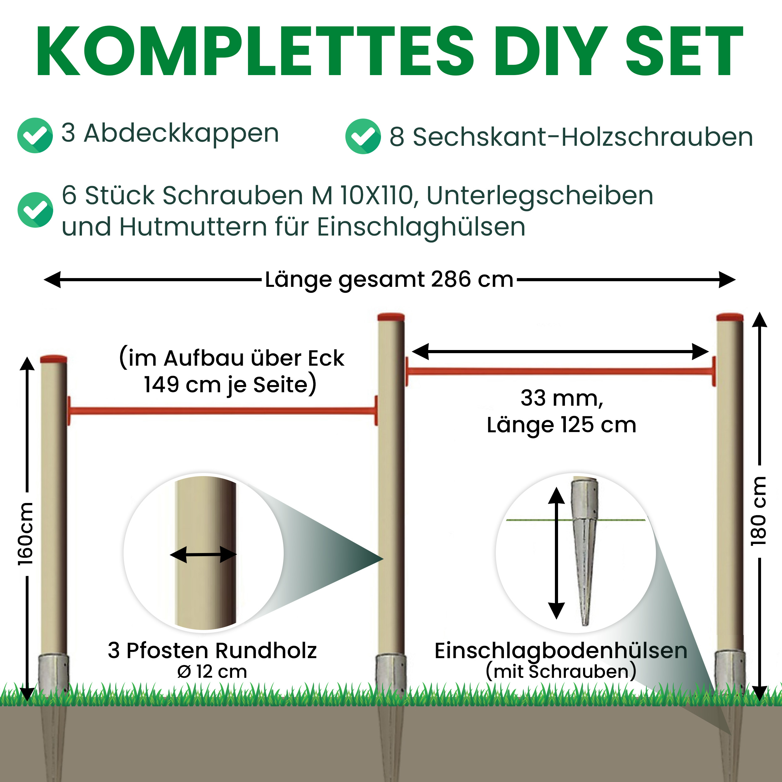 Turnreck mit Lärchen-Pfosten mit Reckstange rot und Einschlaghülsen