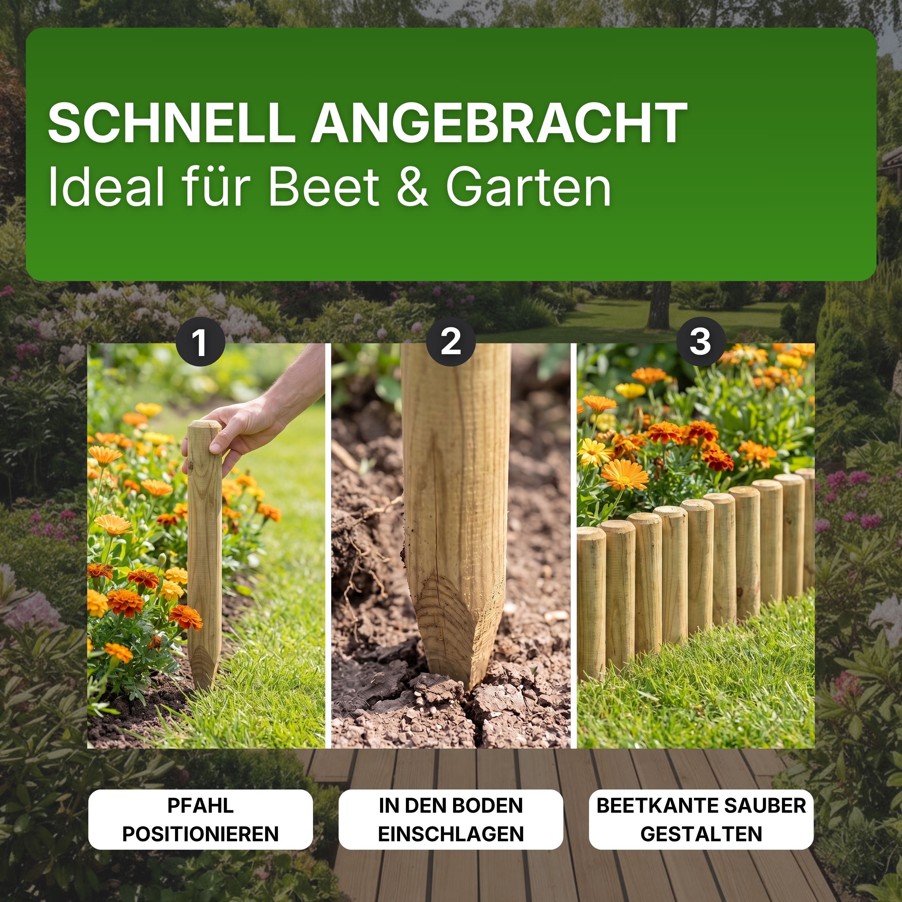 Palisaden Ø 6 und 8 cm Beetumrandung verschiedene Längen Rasenkante Holz-Pfosten KDI Pfahl